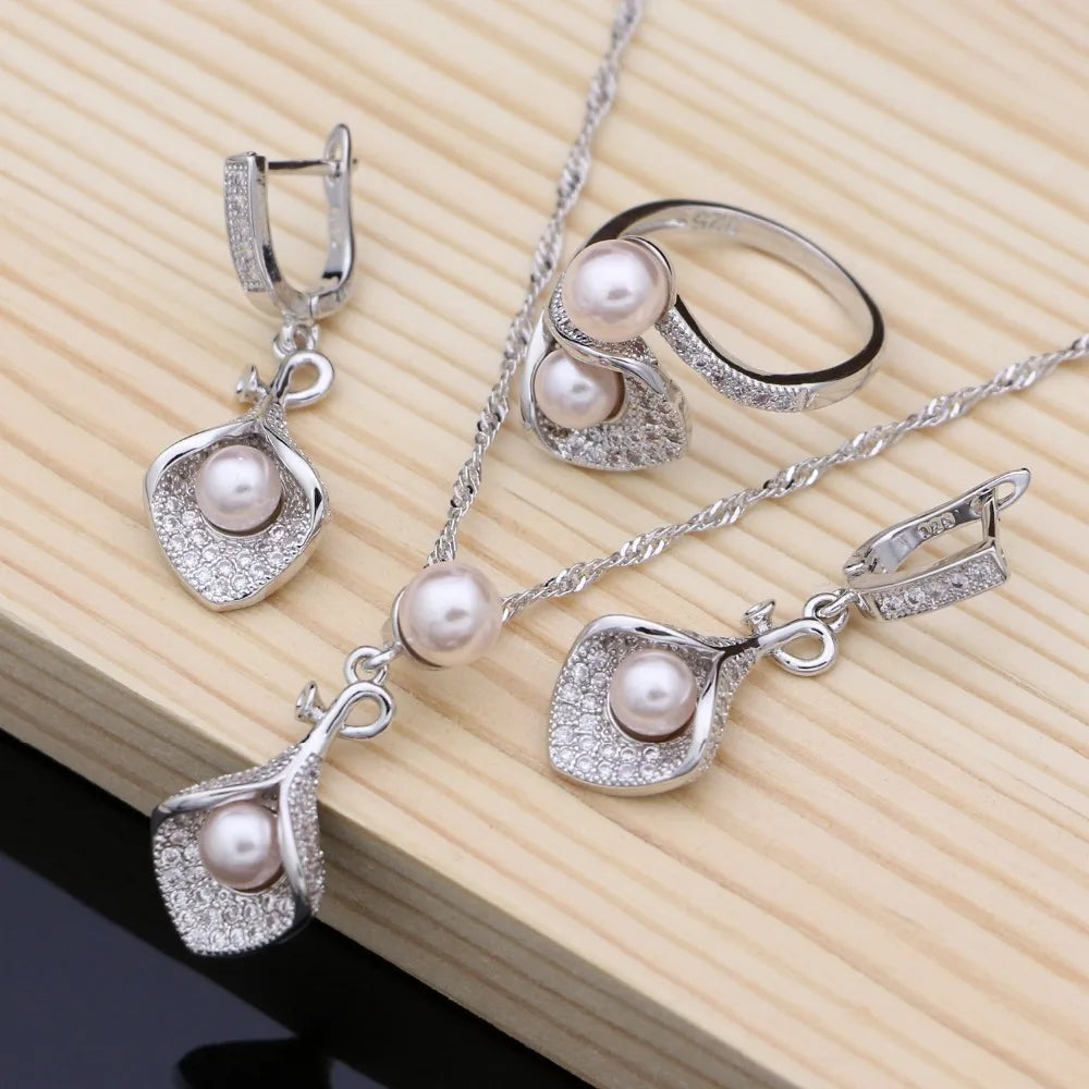 925 Silver Bridal Jewelry Sets White Pearl Zircon  Women Wedding Pendant Drop Earrings Open Rings Morning Glory Necklace Set