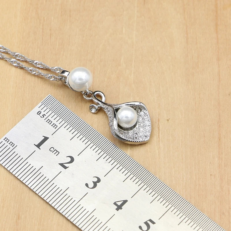 925 Silver Bridal Jewelry Sets White Pearl Zircon  Women Wedding Pendant Drop Earrings Open Rings Morning Glory Necklace Set