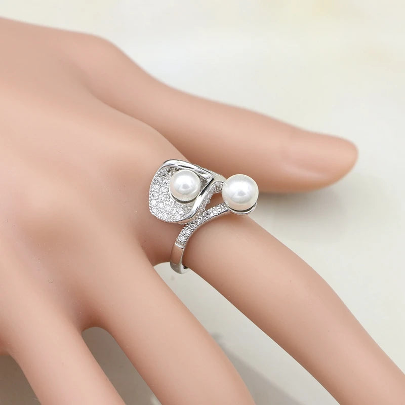 925 Silver Bridal Jewelry Sets White Pearl Zircon  Women Wedding Pendant Drop Earrings Open Rings Morning Glory Necklace Set