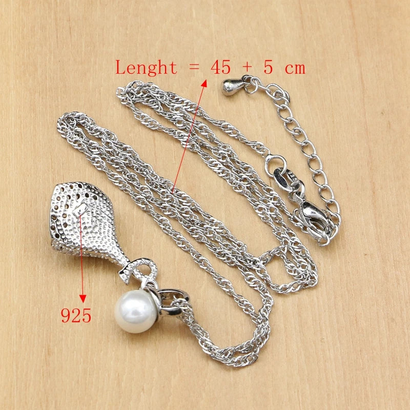 925 Silver Bridal Jewelry Sets White Pearl Zircon  Women Wedding Pendant Drop Earrings Open Rings Morning Glory Necklace Set
