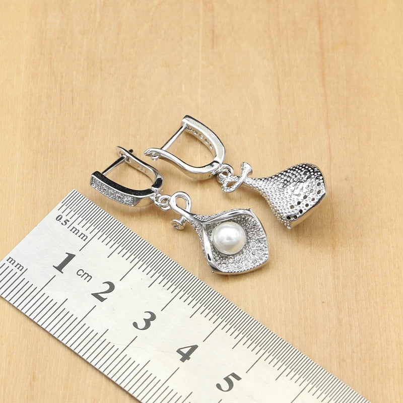 925 Silver Bridal Jewelry Sets White Pearl Zircon  Women Wedding Pendant Drop Earrings Open Rings Morning Glory Necklace Set