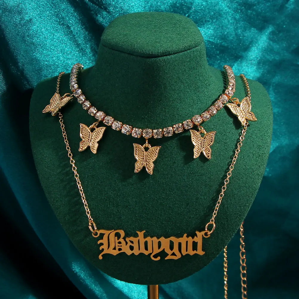 New Multi Layer Butterfly Dragon Charms Crystal Necklaces For Women Punk Golden Angel Letter Clavicle Chain Hiphop Gifts Jewelry