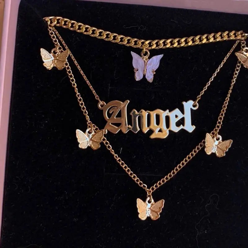 New Multi Layer Butterfly Dragon Charms Crystal Necklaces For Women Punk Golden Angel Letter Clavicle Chain Hiphop Gifts Jewelry