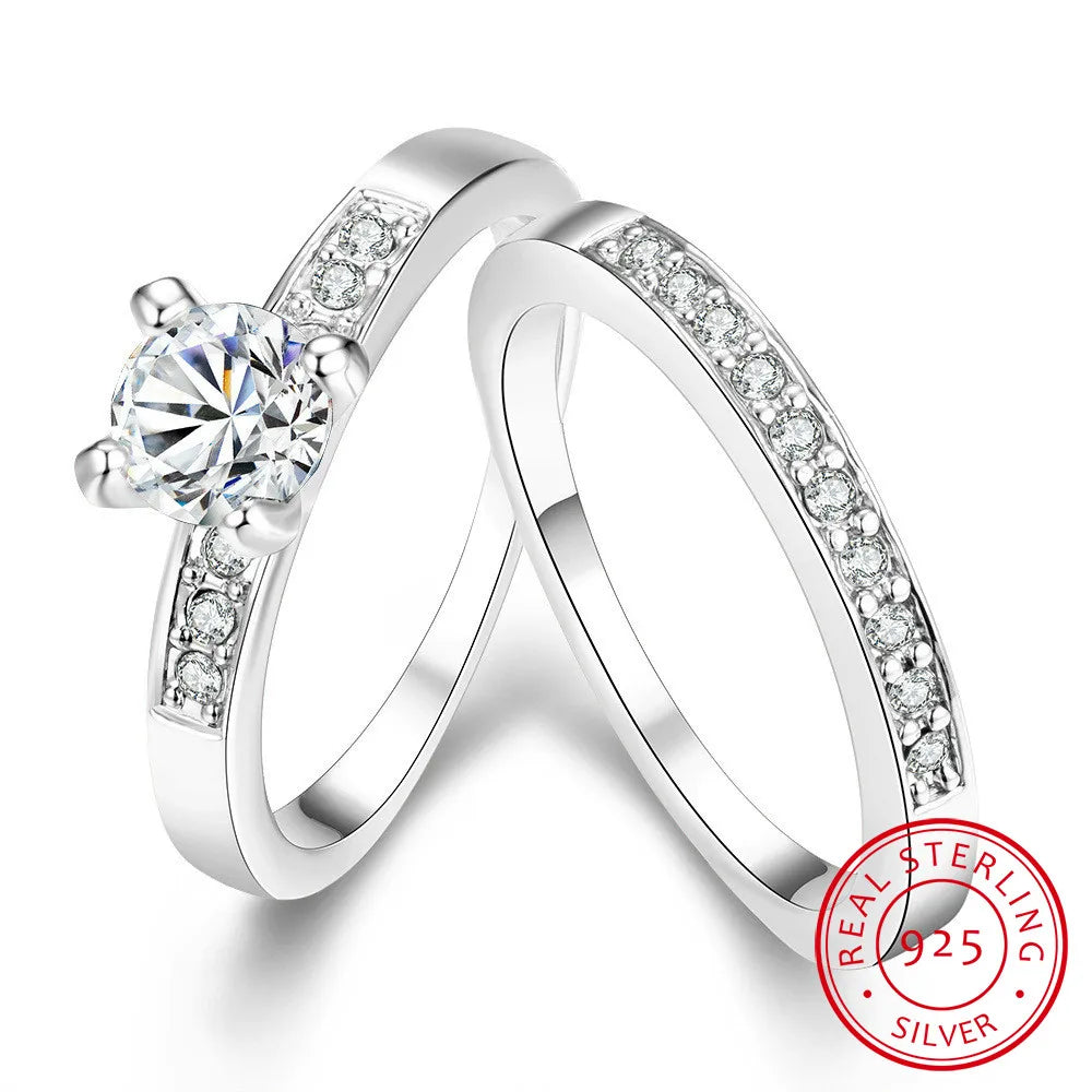 100% Real 925 Silver Rings For Women Simple Double Stackable Fine Jewelry Bridal Sets Ring Wedding Engagement Accessory