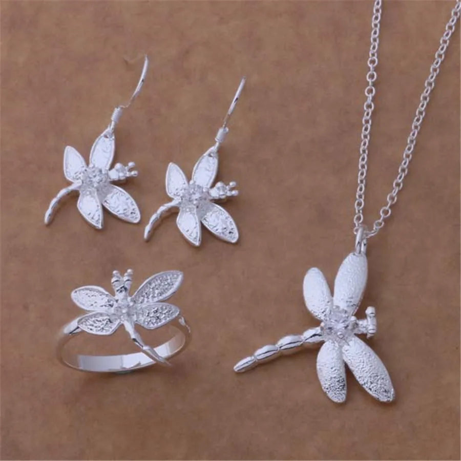925 high quality silver color jewelry cute elegant women lady party gift classic necklace earrings rings Jewelry Sets P011