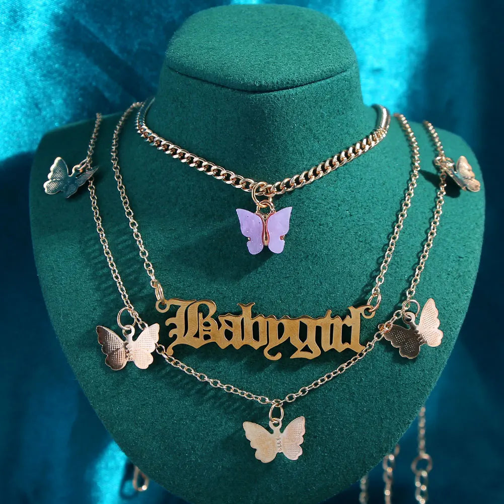 New Multi Layer Butterfly Dragon Charms Crystal Necklaces For Women Punk Golden Angel Letter Clavicle Chain Hiphop Gifts Jewelry
