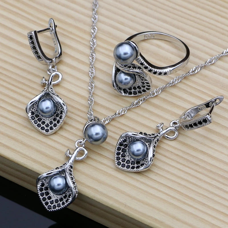 925 Silver Bridal Jewelry Sets White Pearl Zircon  Women Wedding Pendant Drop Earrings Open Rings Morning Glory Necklace Set