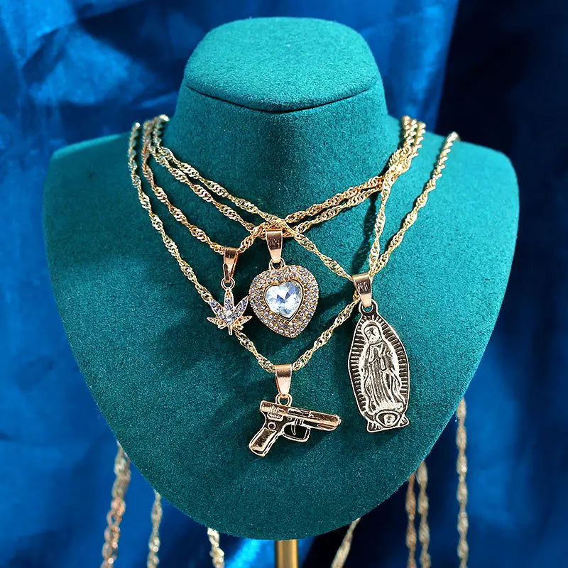 New Multi Layer Butterfly Dragon Charms Crystal Necklaces For Women Punk Golden Angel Letter Clavicle Chain Hiphop Gifts Jewelry