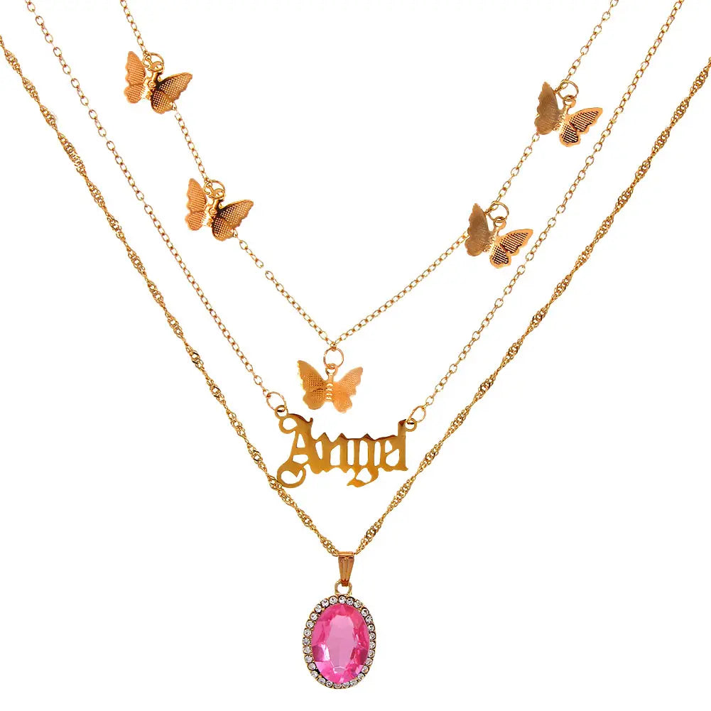 New Multi Layer Butterfly Dragon Charms Crystal Necklaces For Women Punk Golden Angel Letter Clavicle Chain Hiphop Gifts Jewelry
