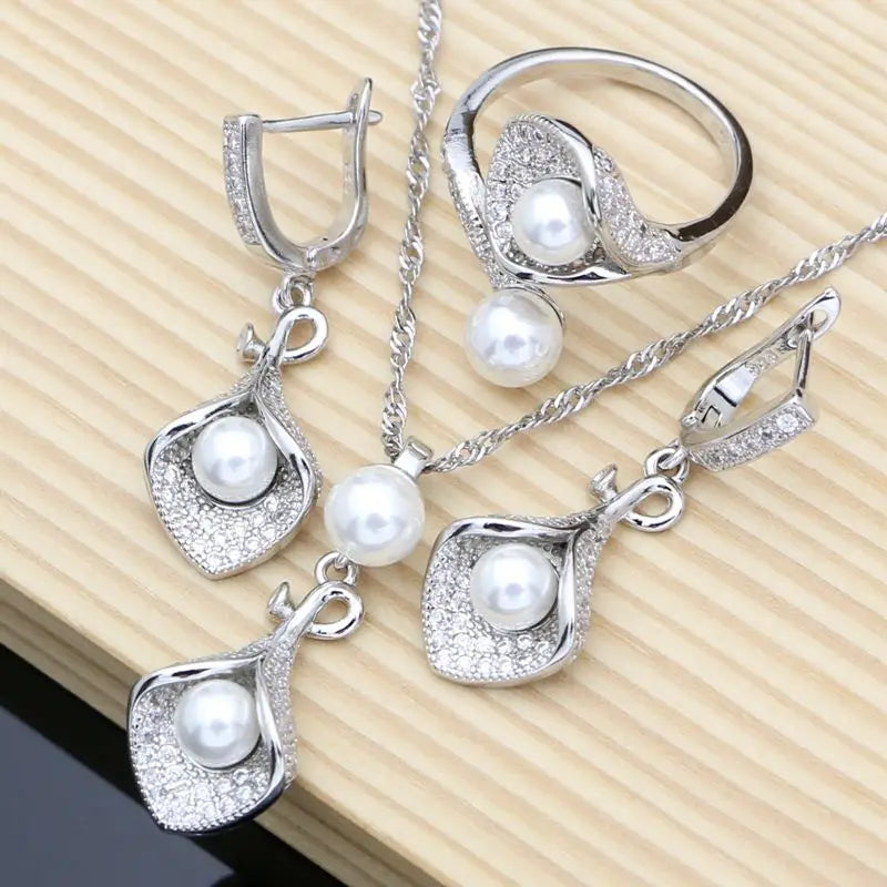 925 Silver Bridal Jewelry Sets White Pearl Zircon  Women Wedding Pendant Drop Earrings Open Rings Morning Glory Necklace Set