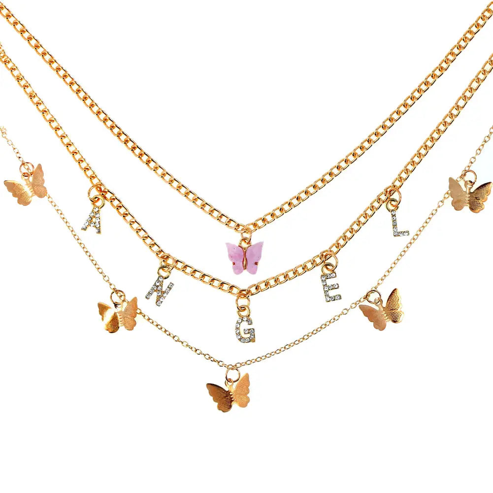 New Multi Layer Butterfly Dragon Charms Crystal Necklaces For Women Punk Golden Angel Letter Clavicle Chain Hiphop Gifts Jewelry