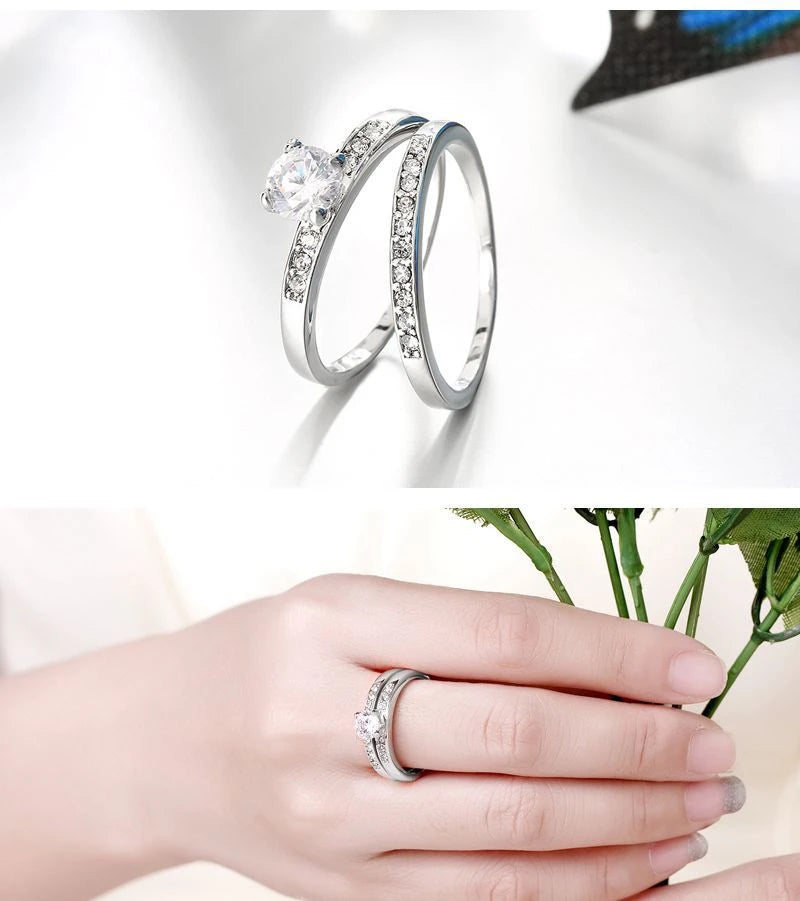 100% Real 925 Silver Rings For Women Simple Double Stackable Fine Jewelry Bridal Sets Ring Wedding Engagement Accessory