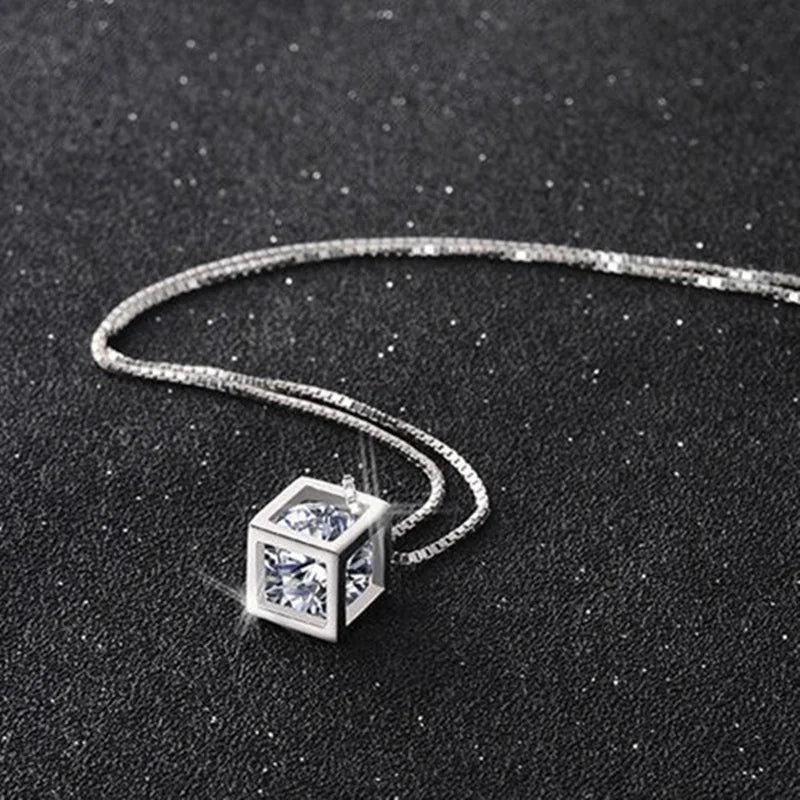 925 Sterling Silver Fashion Jewelry 18 inches Square Shiny AAA Zircon Pendant Necklace For Women Wedding Birthday Gifts