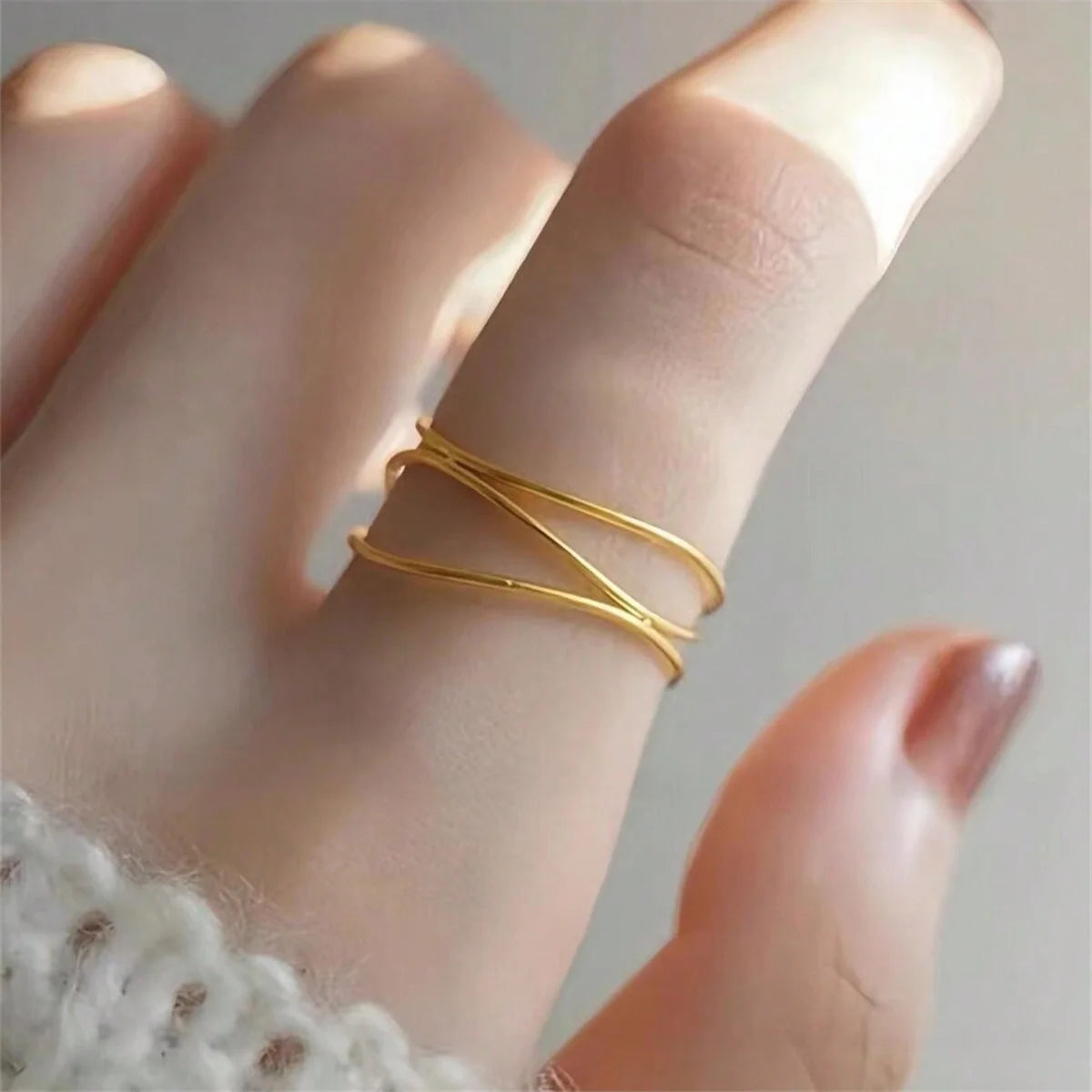 Vintage 18K Gold Plated Stainless Steel Multi-Layered Line Single Ring for Women Fashion Jewelry Party Gift