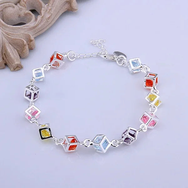 925Silver color exquisite  stone checkered bracelet fashion charm wedding women lady cute gift jewelry female section H220