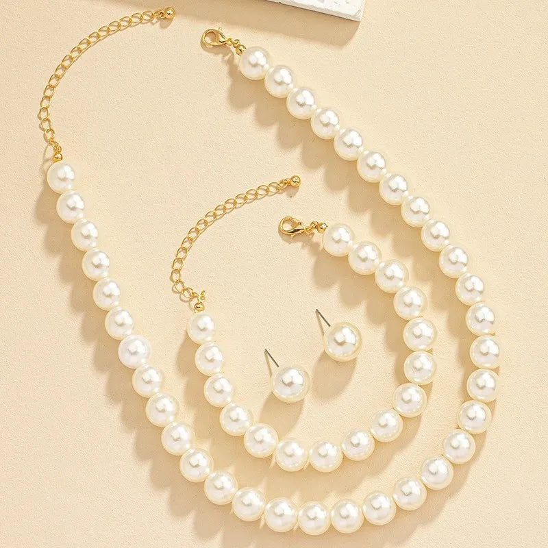 INS Fashion Minimalist Imitation Pearl Necklace Earrings Bracelet Jewelry Set Women's Party Accessories