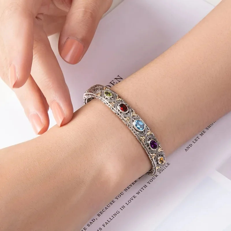 925 Silver Luxury Inlaid Colored Gemstone Bracelet Fashionable Wedding Fine Couple Bangles Jewelry Gift for Girlfriend