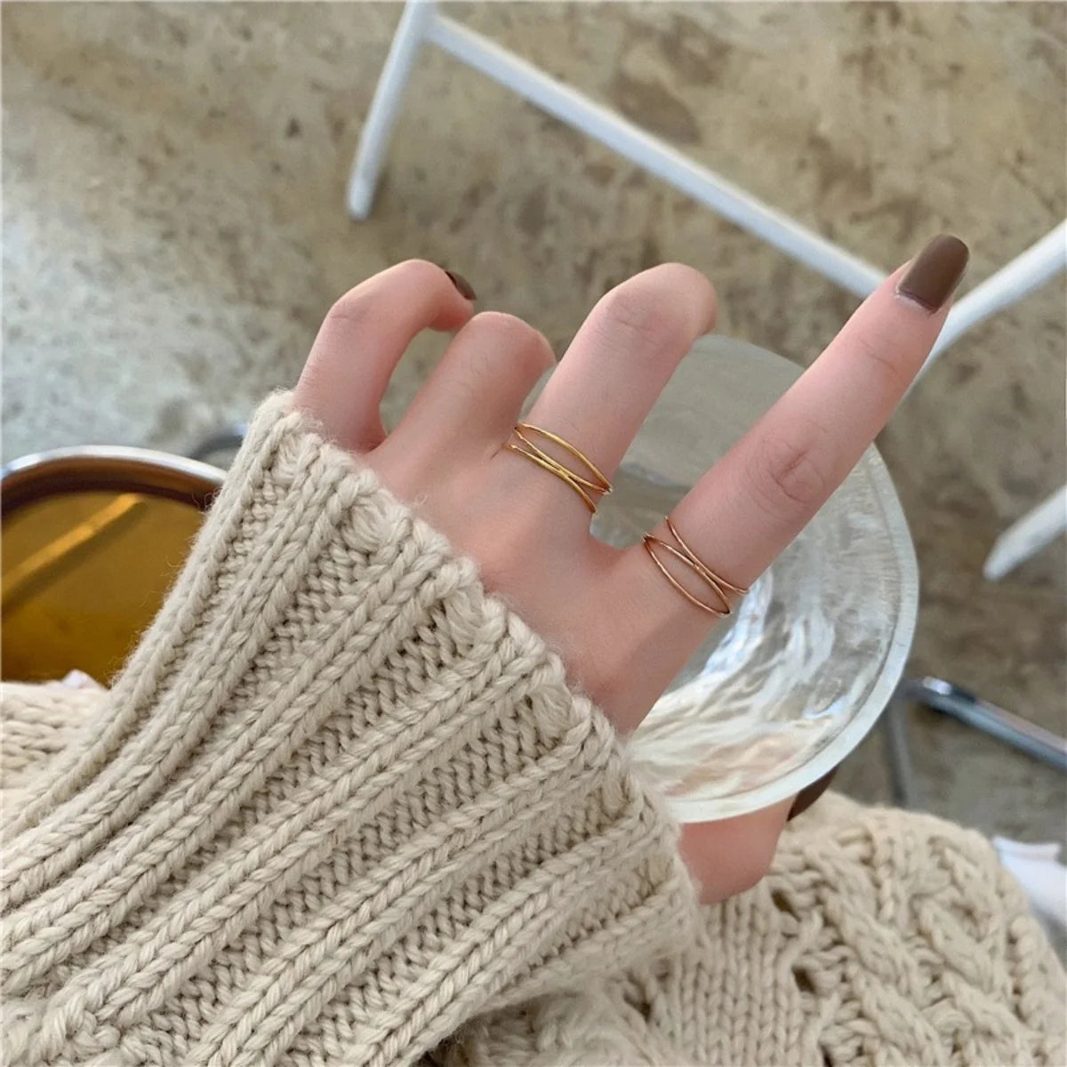 Vintage 18K Gold Plated Stainless Steel Multi-Layered Line Single Ring for Women Fashion Jewelry Party Gift