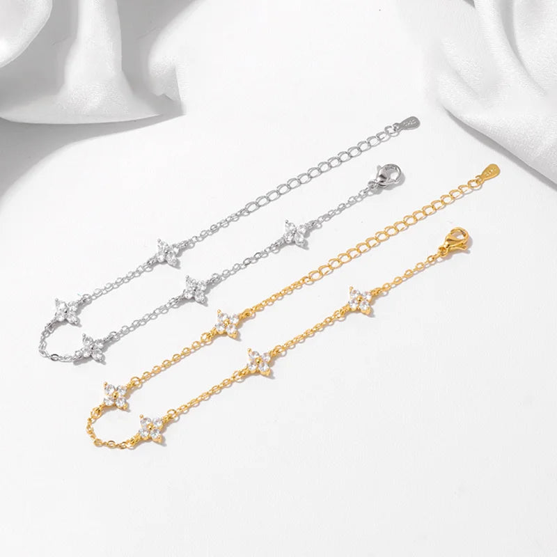 925 Silver Plated Four Leaf Flower 18k Gold Zircon Bracelet For Women Temperament Exquisite Adjustable Link Chain Jewelry Gifts