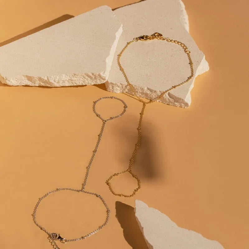 Minimalist Beaded Hand Chain Bracelets for Women Beaded Hand Jewelry and Chain Ring Boho Wedding Jewelry Engagement Gift