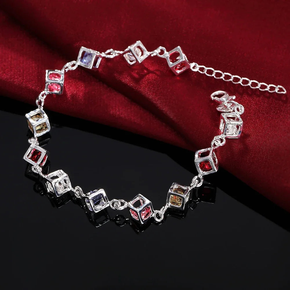 925Silver color exquisite  stone checkered bracelet fashion charm wedding women lady cute gift jewelry female section H220