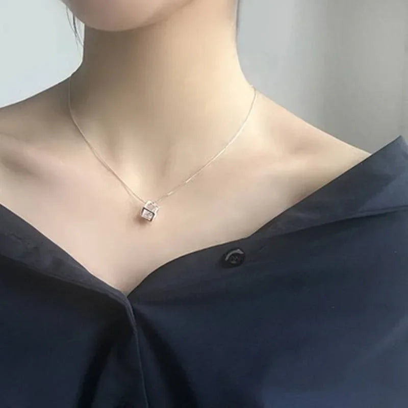 925 Sterling Silver Fashion Jewelry 18 inches Square Shiny AAA Zircon Pendant Necklace For Women Wedding Birthday Gifts