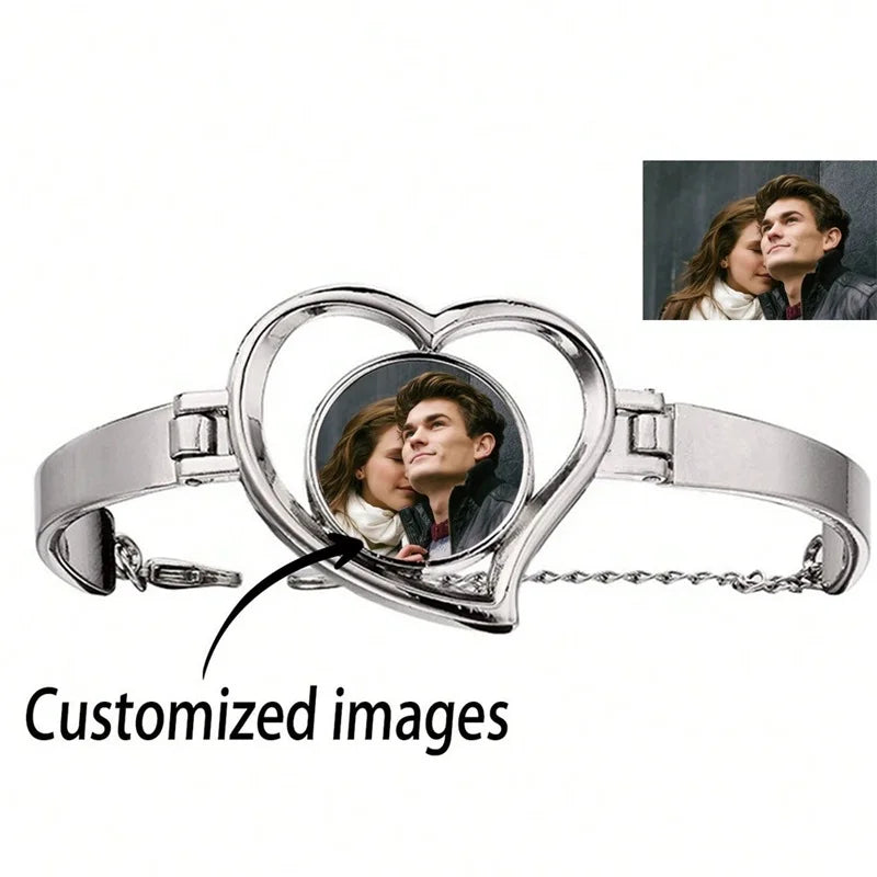 Personalized Photo Bracelet for Women Custom Engraved Picture Bracelet Charm Heart Customized Jewelry Gift for Mom Wife Friend