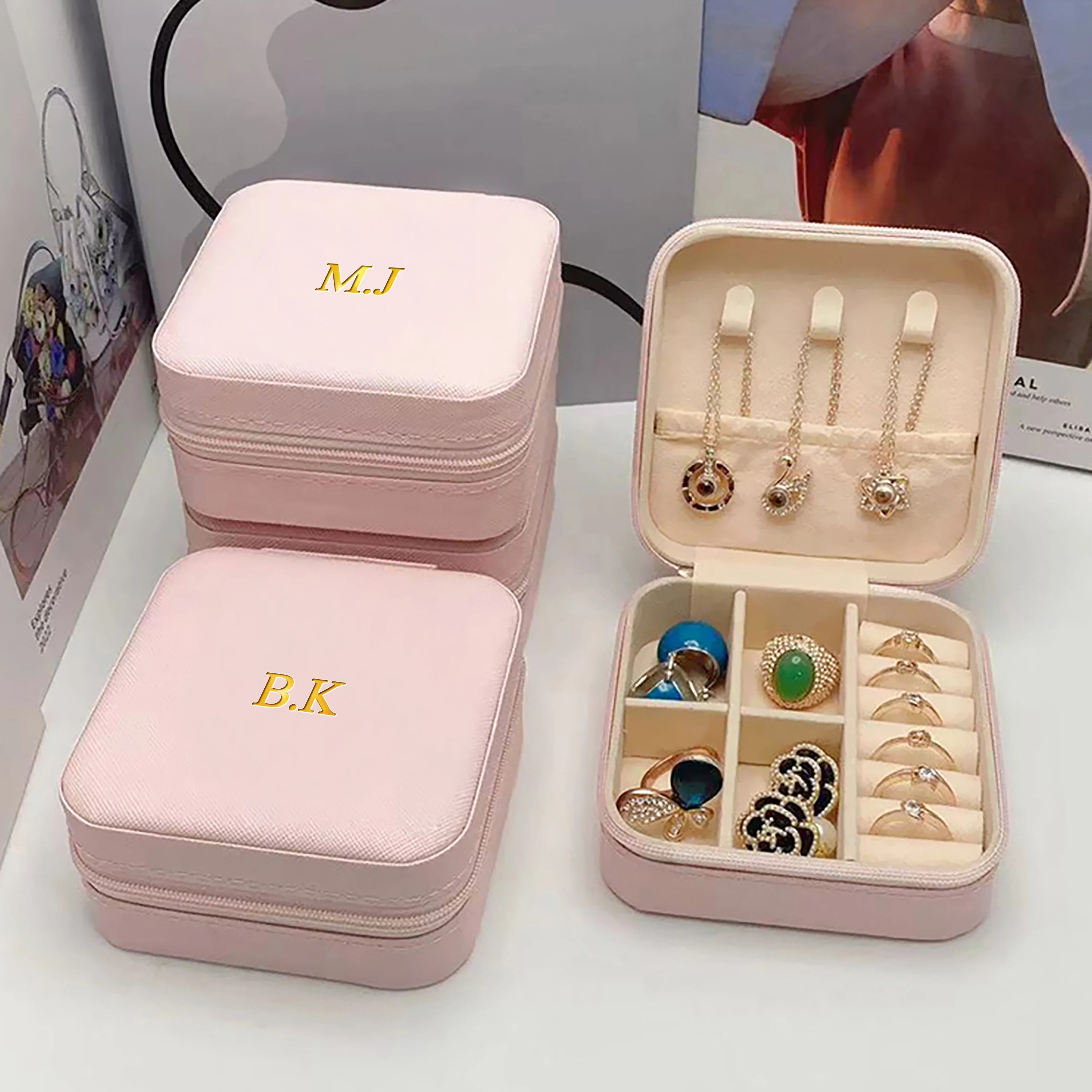 Personalized Customized Initials Name Mini Square Jewelry Box Faux Leather Jewelry Travel Storage Package Box Mom Gift Box
