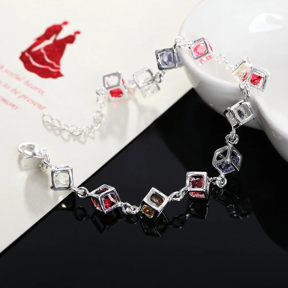 925Silver color exquisite  stone checkered bracelet fashion charm wedding women lady cute gift jewelry female section H220