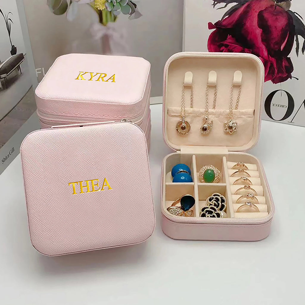 Personalized Customized Initials Name Mini Square Jewelry Box Faux Leather Jewelry Travel Storage Package Box Mom Gift Box