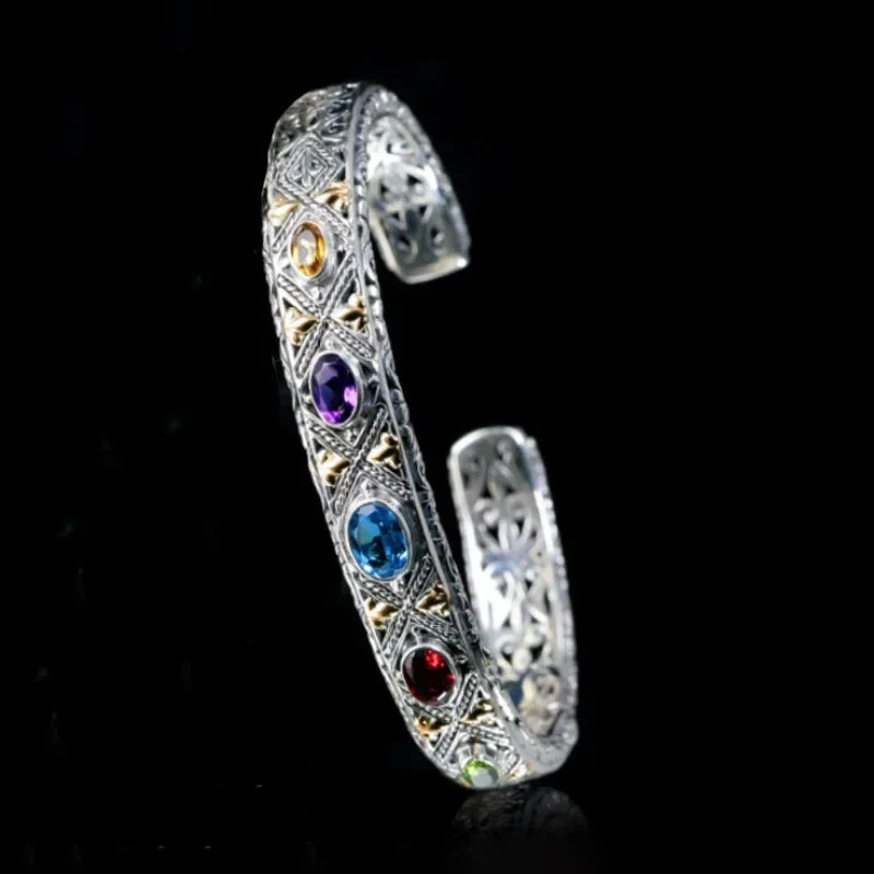 925 Silver Luxury Inlaid Colored Gemstone Bracelet Fashionable Wedding Fine Couple Bangles Jewelry Gift for Girlfriend