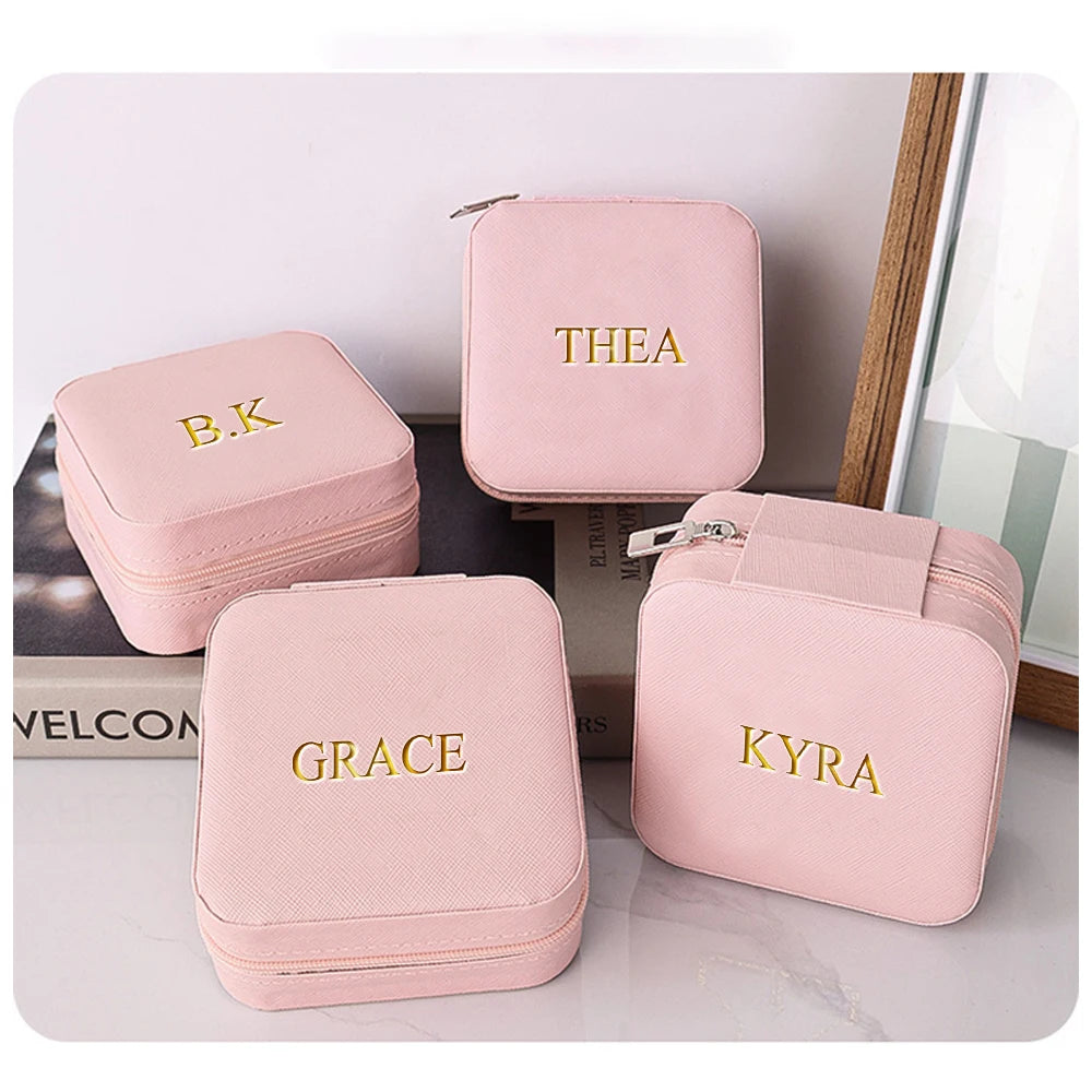 Personalized Customized Initials Name Mini Square Jewelry Box Faux Leather Jewelry Travel Storage Package Box Mom Gift Box