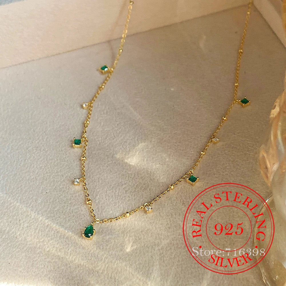 Real Money 925 Sterling Silver Women's Chain Necklace Korean Vintage Emeralds Choker Necklace Wedding Party Jewelry Gift