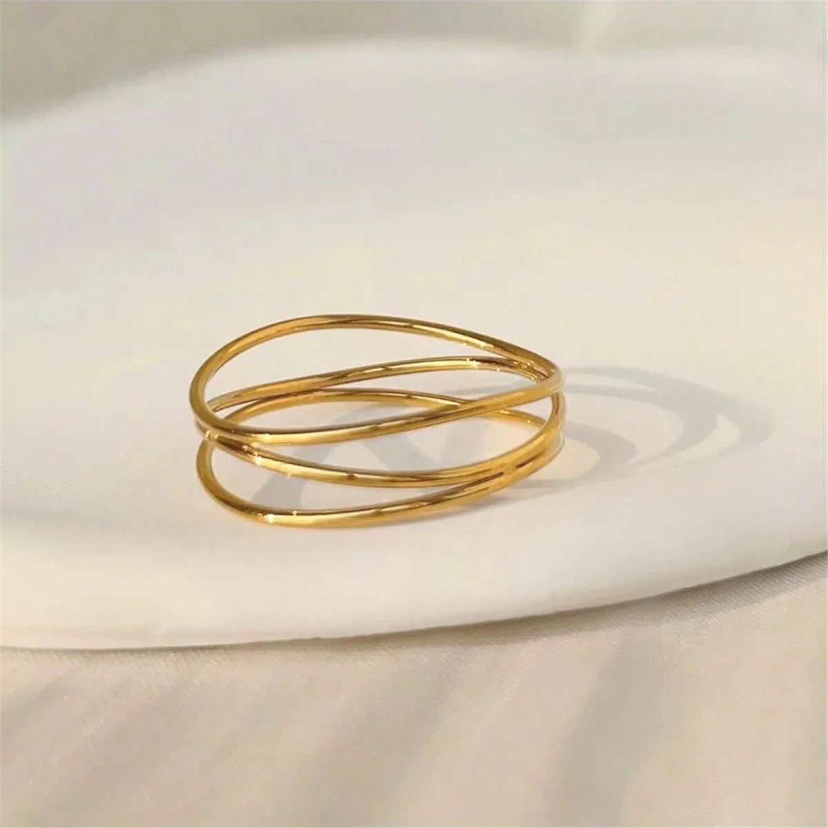 Vintage 18K Gold Plated Stainless Steel Multi-Layered Line Single Ring for Women Fashion Jewelry Party Gift