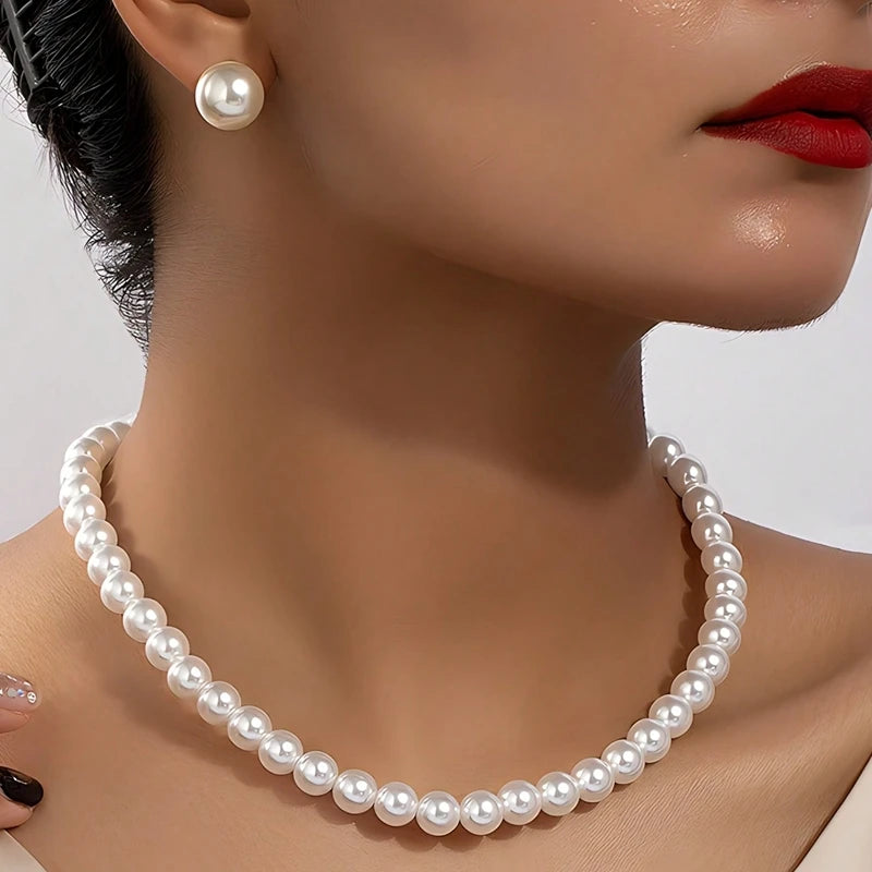 INS Fashion Minimalist Imitation Pearl Necklace Earrings Bracelet Jewelry Set Women's Party Accessories